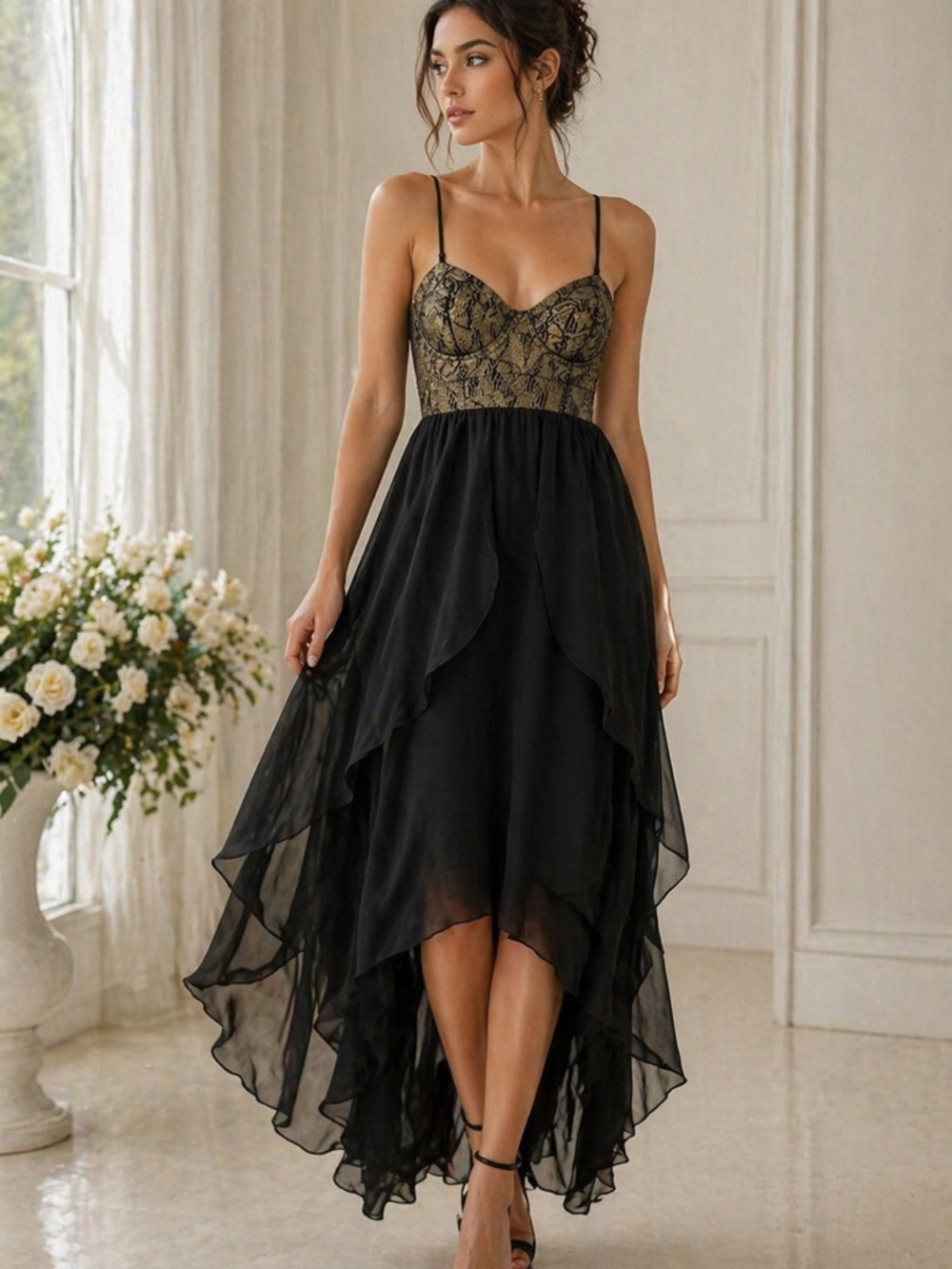 Material Girl Lace Bustier Dress Black Gold High Low Chiffon Party Dress M